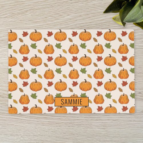 Pumpkins And Colorful Autumn Leaves Pattern  Name Placemat
