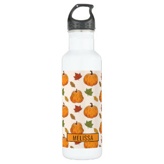 Pumpkins And Colorful Autumn Leaves Pattern & Name Stainless Steel Water Bottle