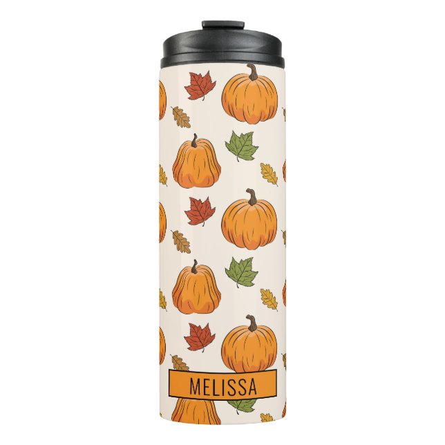 Pumpkins And Colorful Autumn Leaves Pattern & Name Thermal Tumbler (Front)