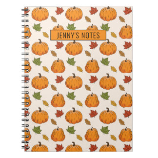 Pumpkins And Colorful Autumn Leaves Pattern & Text Notebook