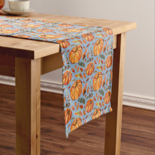 Pumpkins and Fall Leaves Dusty Blue Medium Table Runner