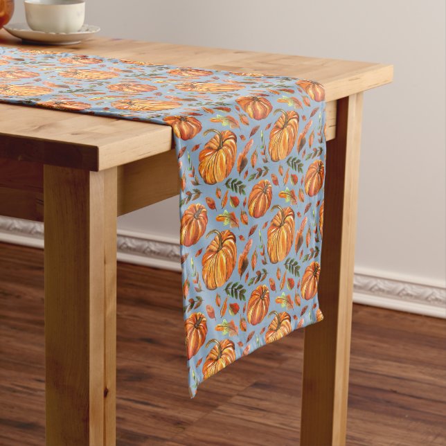 Pumpkins and Fall Leaves Dusty Blue Medium Table Runner (In Situ)
