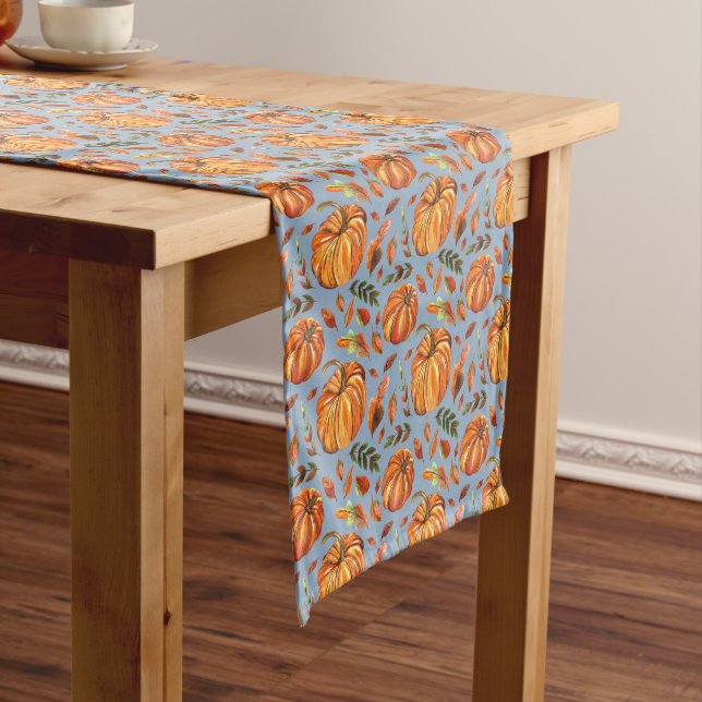 Pumpkins and Fall Leaves Dusty Blue Short Table Runner (In Situ)