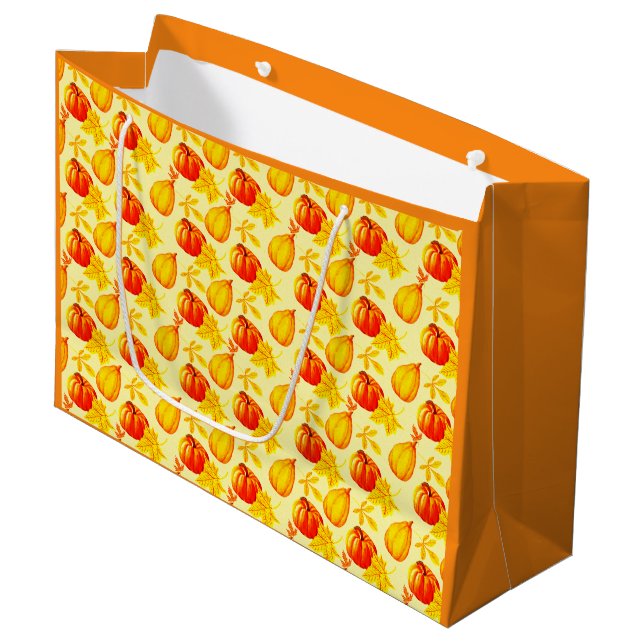 Pumpkins and Fall Leaves Harvest Pattern Large Gift Bag (Front Angled)