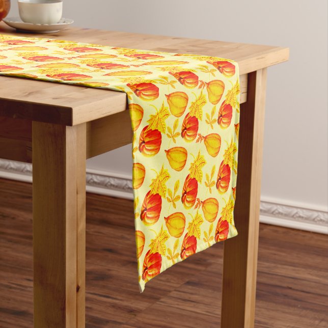 Pumpkins and Fall Leaves Harvest Pattern Long Table Runner (In Situ)