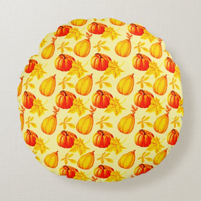 Pumpkins and Fall Leaves Harvest Pattern Round Pillow (Front)