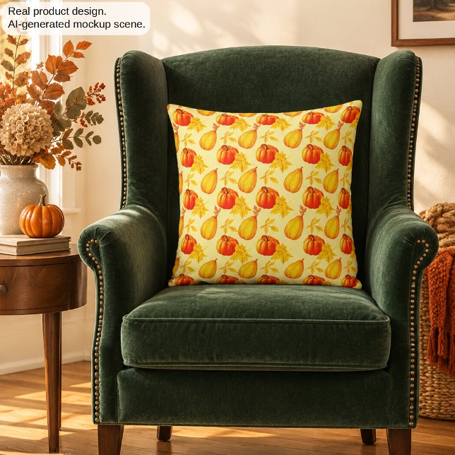 Pumpkins and Fall Leaves Harvest Pattern Throw Pillow (Creator Uploaded)