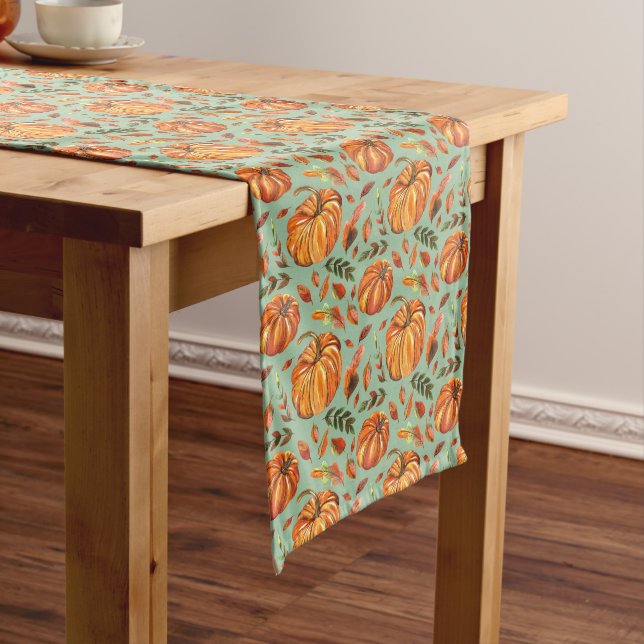Pumpkins and Fall Leaves Sage Green Medium Table Runner (In Situ)
