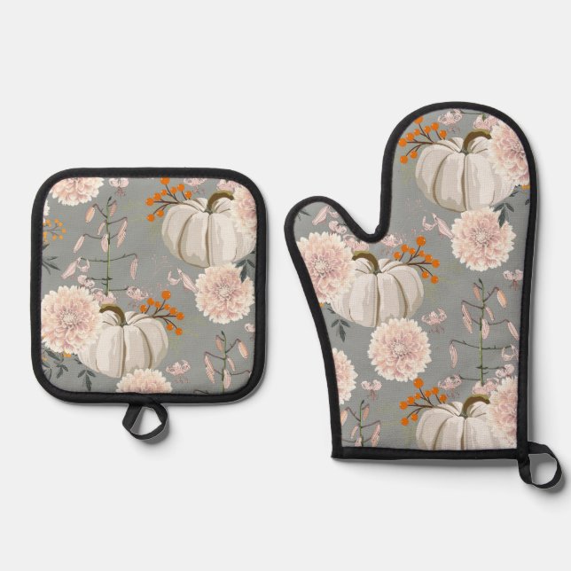 Pumpkins and flowers oven mitt & pot holder set (Front)