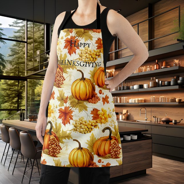 Pumpkins and Grapes Happy Thanksgiving Apron (Apron featuring a pattern with pumpkins and grapes. Beautiful for Thanksgiving or a fall birthday)