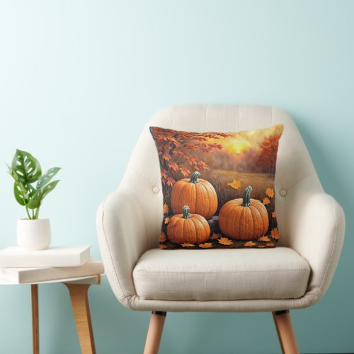 Pumpkins and leaves at sunset fall throw pillow