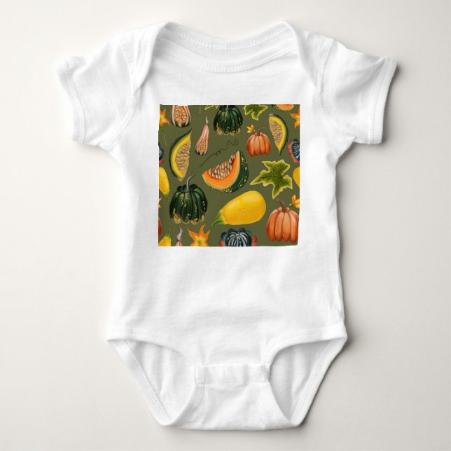 Pumpkins and Leaves: Autumn Greenery Baby Bodysuit (Front)