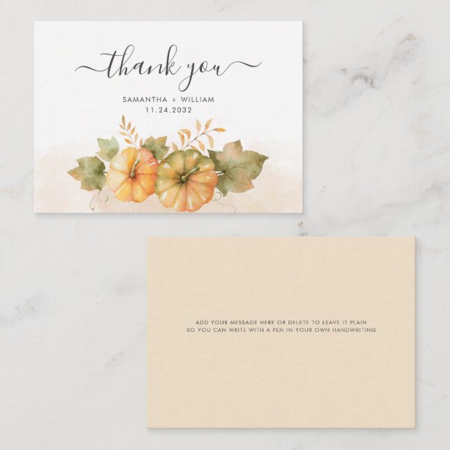 Pumpkins and Leaves Budget Fall Wedding Thank You Note Card (Front/Back)