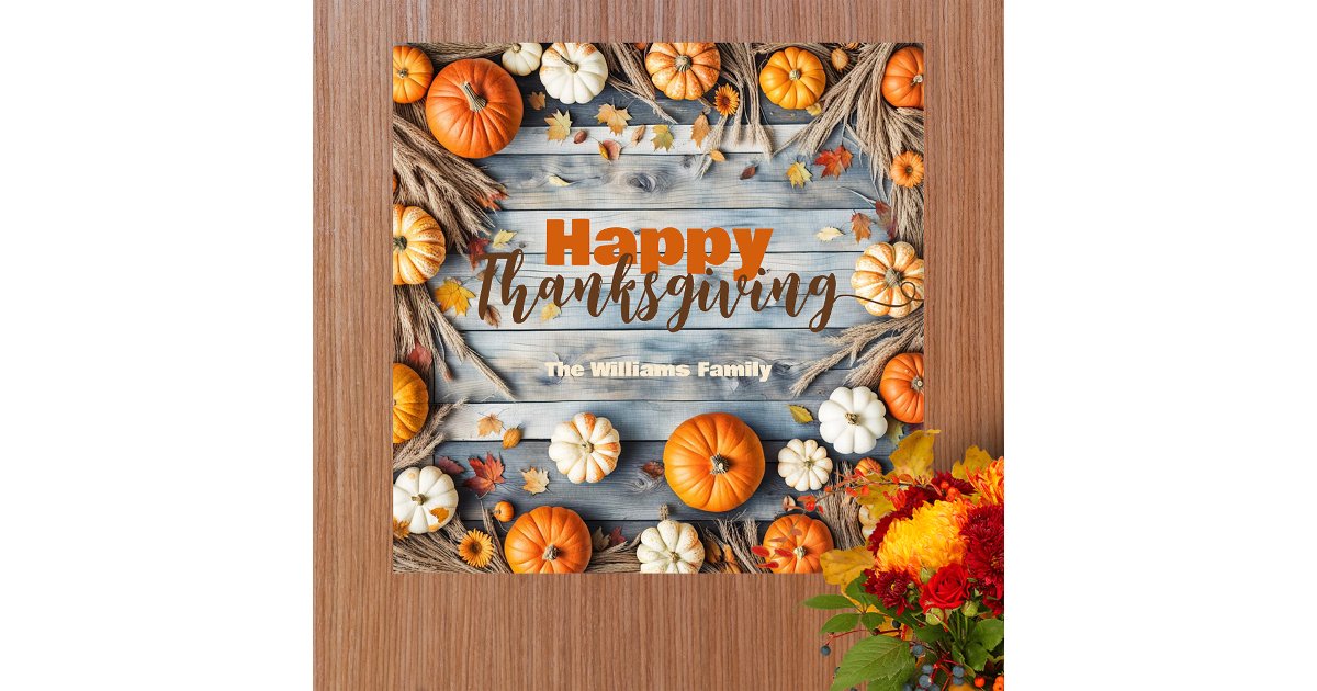 Pumpkins and Leaves on Wood Autumn Thanksgiving Poster | Zazzle