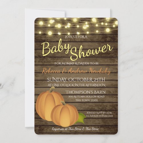 Pumpkins and Lights Rustic Autumn Baby Shower Invitation