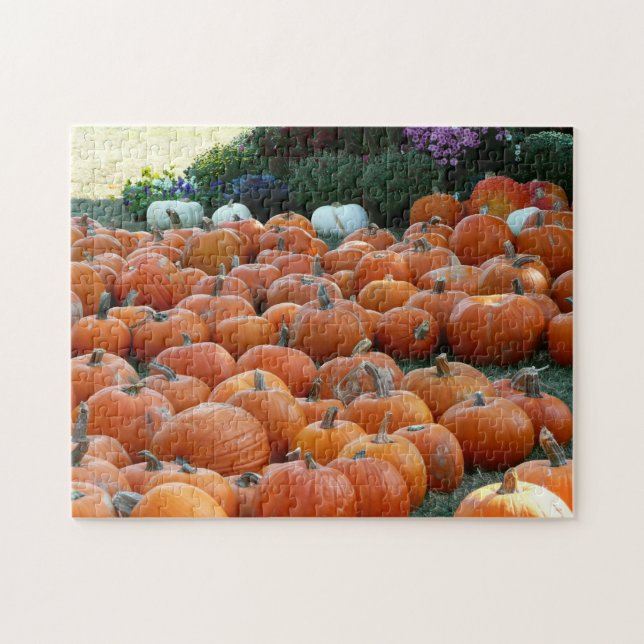Pumpkins and Mums Autumn Harvest Photography Jigsaw Puzzle (Horizontal)