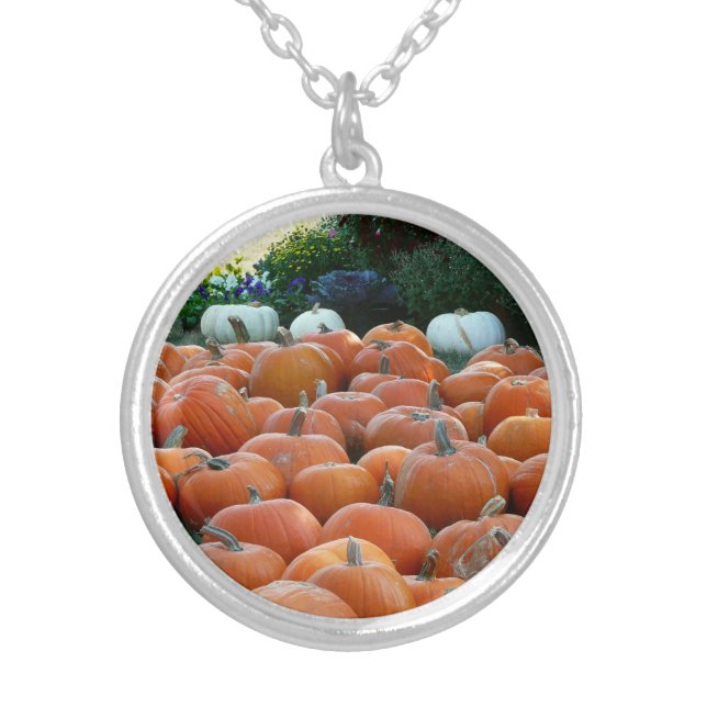Pumpkins and Mums Autumn Harvest Photography Silver Plated Necklace (Front)