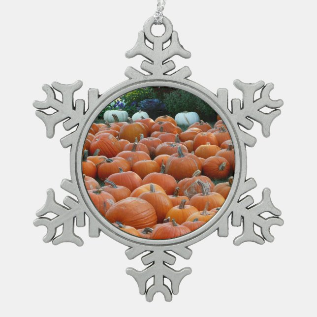 Pumpkins and Mums Autumn Harvest Photography Snowflake Pewter Christmas Ornament (Front)