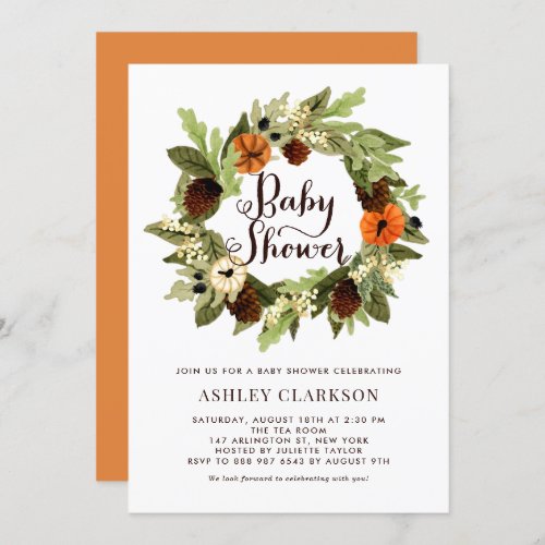 Pumpkins and Pinecones Wreath Fall Baby Shower Invitation