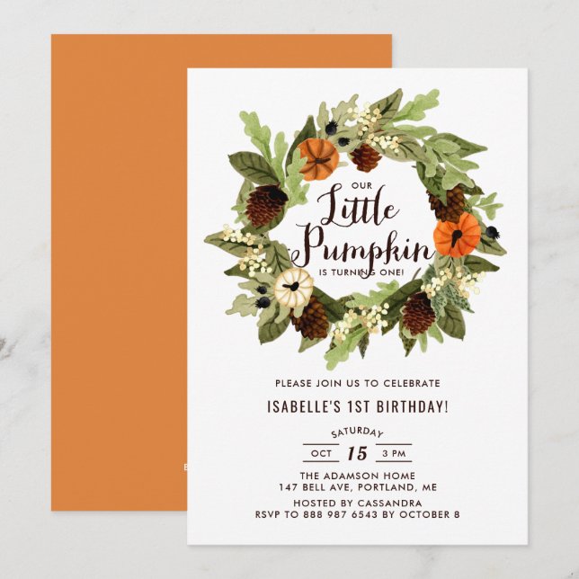 Pumpkins and Pinecones Wreath First Birthday Invitation (Front/Back)