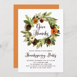 Pumpkins and Pinecones Wreath Thanksgiving Dinner Invitation