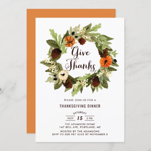 Pumpkins and Pinecones Wreath Thanksgiving Dinner Invitation