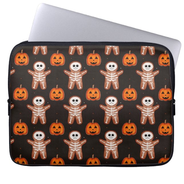 Pumpkins and Skeleton Gingerbread Halloween Design Laptop Sleeve (Front)