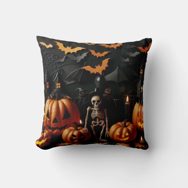 Pumpkins and skeleton throw pillow (Front)