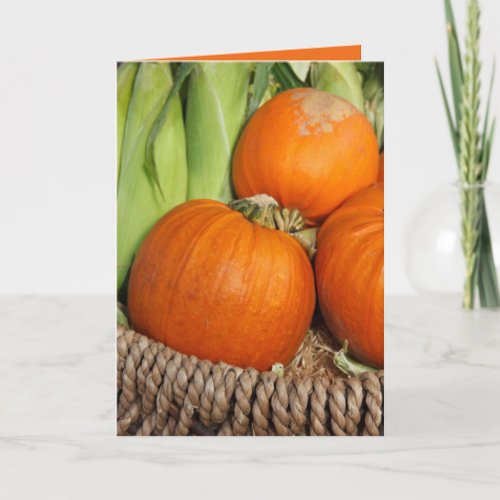 Pumpkins and Stalks of Corn in Basket Personalized Card
