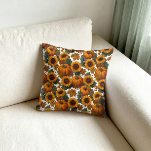 Pumpkins and Sunflowers Autumn Pattern Throw Pillow