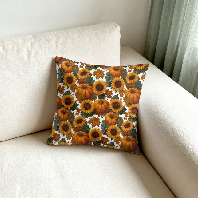 Pumpkins and Sunflowers Autumn Pattern Throw Pillow (Creator Uploaded)