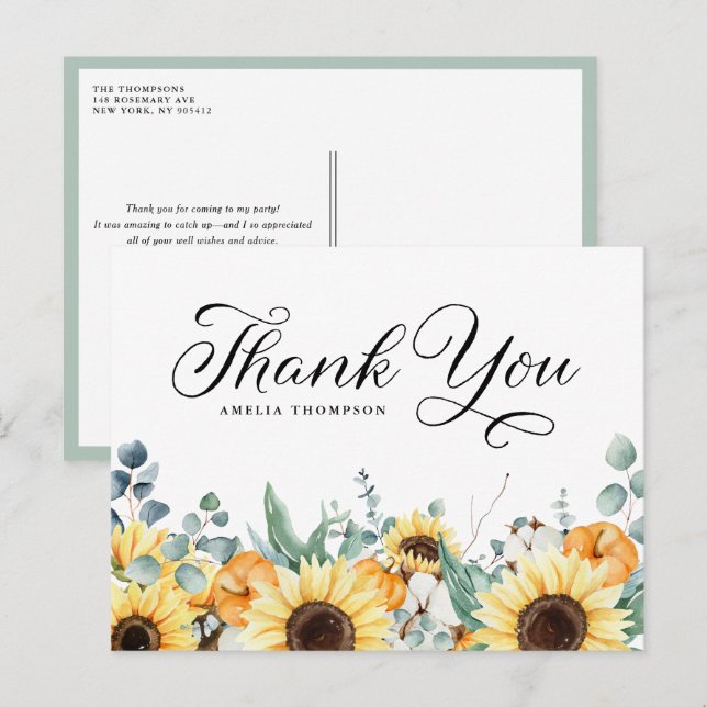 Pumpkins and Sunflowers Baby Shower Thank You Postcard (Front/Back)