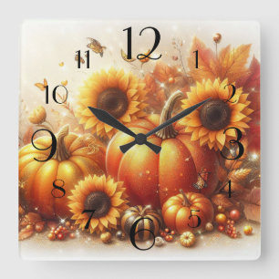 Pumpkins and Sunflowers Square Wall Clock
