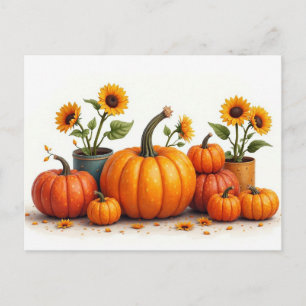 Pumpkins and sunflowers, the colors of autumn, postcard