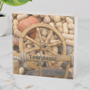 Pumpkins and Wheel of the rural wooden cart Box Sign