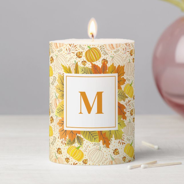 Pumpkins Autumn Fall Harvest Pattern Pillar Candle (In Situ)