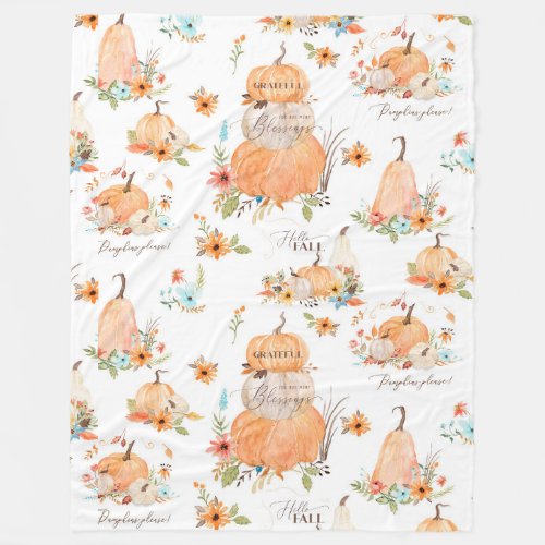 Pumpkins Autumn Fall Leaves n Flowers Watercolor Fleece Blanket