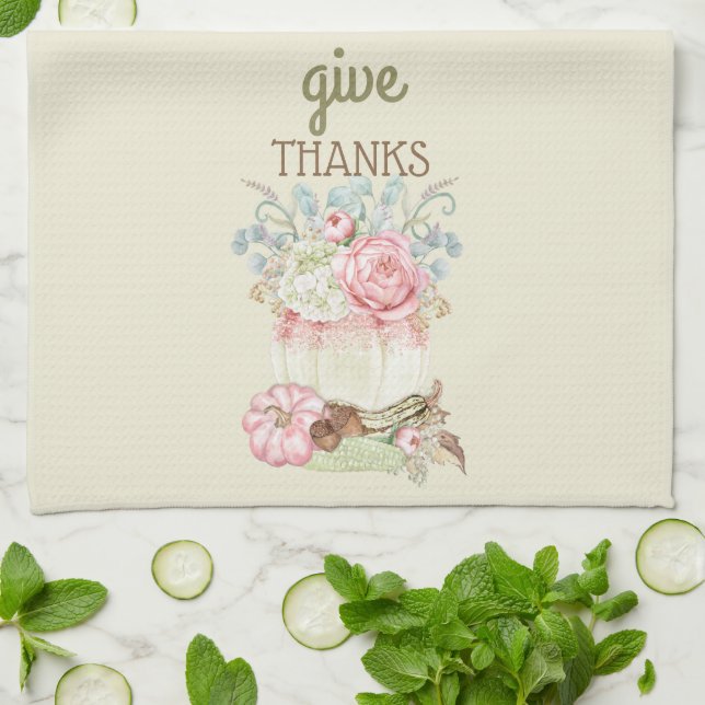 Pumpkins Autumn Fall Pink Ivory Sage Kitchen Towel (Folded)