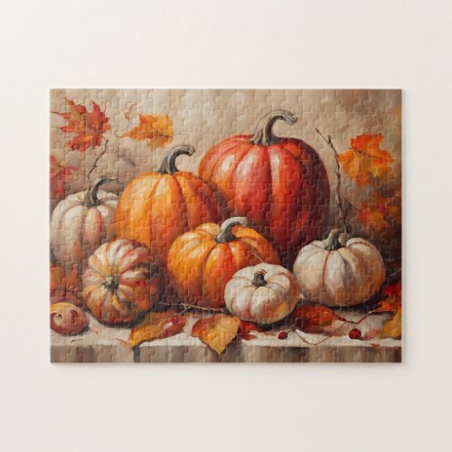 Pumpkins Autumn Leaves Still Life Jigsaw Puzzle