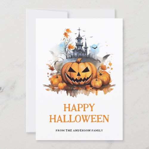 Pumpkins Bats Haunted Mansion Happy Halloween Holiday Card