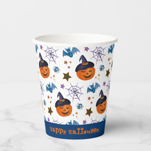 Pumpkins Bats Spooky Pattern White Happy Halloween Paper Cups