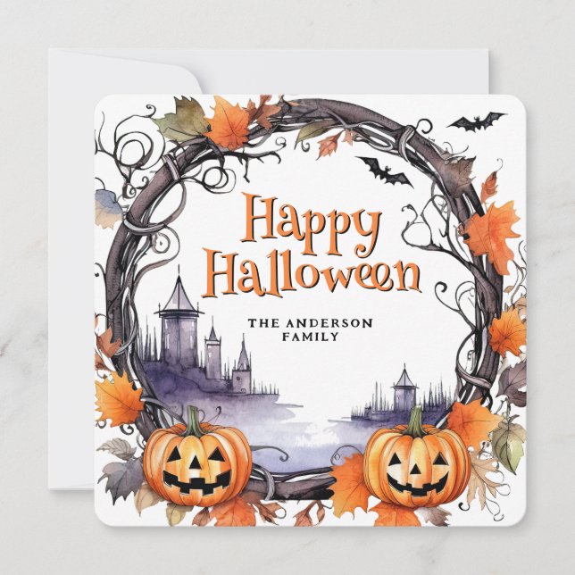 Pumpkins Bats Watercolor Happy Halloween Card (Front)