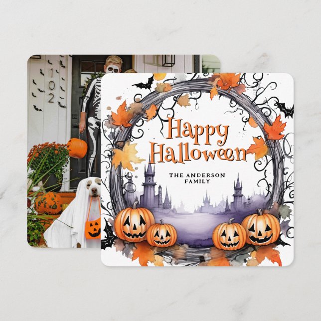 Pumpkins Bats Watercolor Happy Halloween Card (Front/Back)