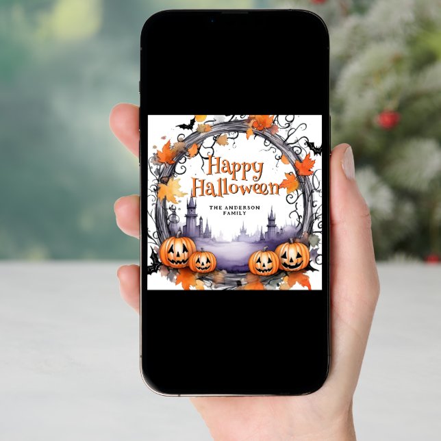 Pumpkins Bats Watercolor Happy Halloween Card (Front Digital)