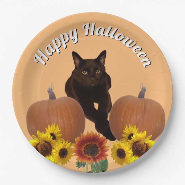 Pumpkins Black Cat with Crossed Paws Halloween Paper Plates (Front)