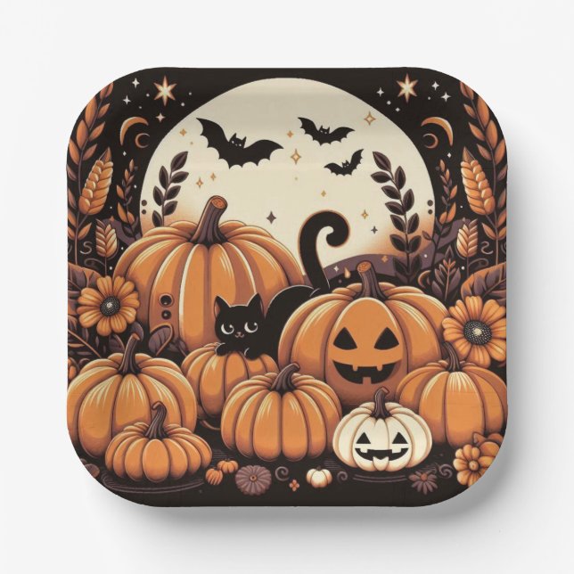 Pumpkins, Black Cats, Bats and a Full Moon Paper Plates (Front)