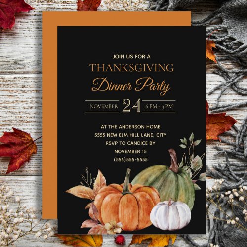 Pumpkins Black Thanksgiving Dinner Party Invitation