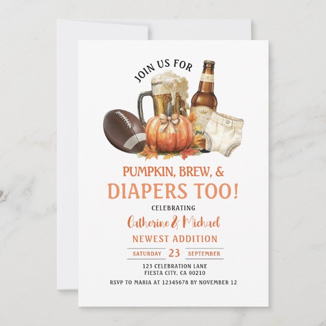 Pumpkins Brew and Diapers Too Baby Shower Autumn Invitation (Front)