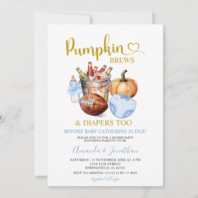 Pumpkins Brews Diapers Blue Fall Boy Gender Reveal Invitation (Front)