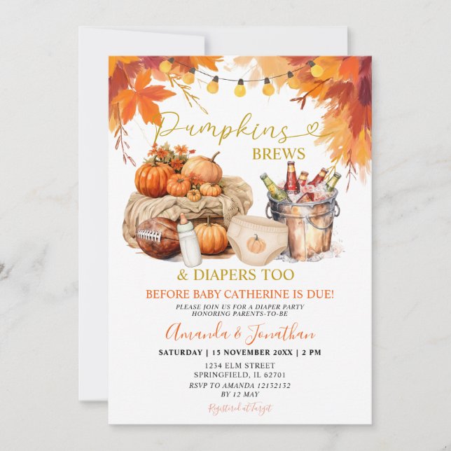 Pumpkins Brews Diapers Rustic Leaves Gender Reveal Invitation (Front)